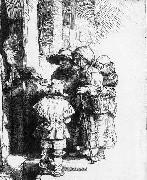 Beggars receiving alms at the door of a house Rembrandt